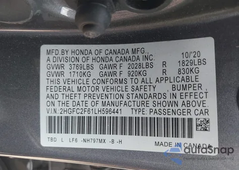 2020 Honda Civic Lx из США, поврежденный, VIN 2HGFC2F61LH596441